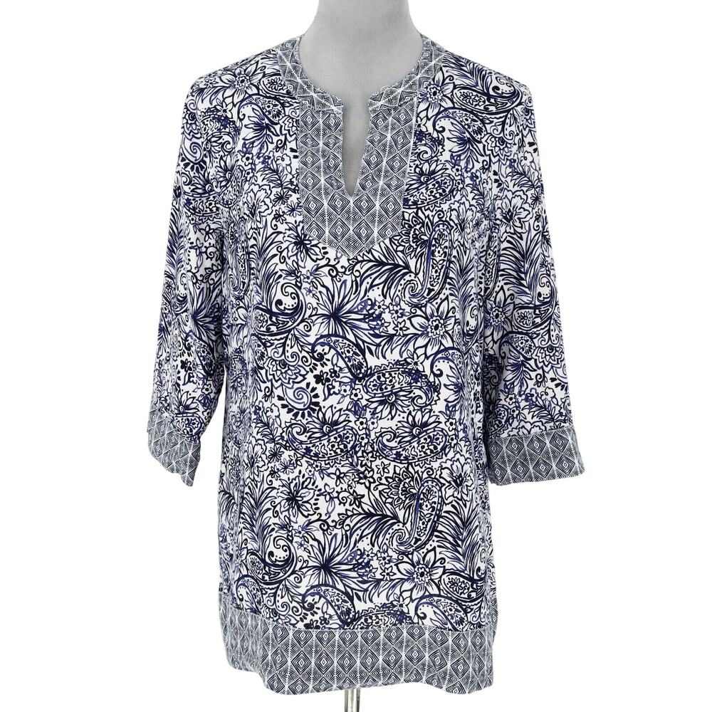 Sigrid Olsen Top Womens Small Linen Blue White Floral Tunic Blouse Pullover
